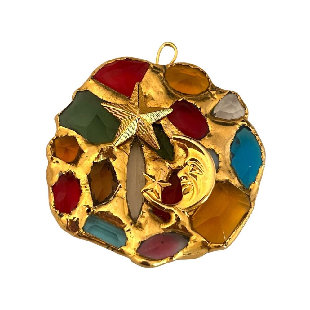 Vintage 1980s Celestial Pendant Multicolor Art Glass Moon Star Gold Tone - 9P